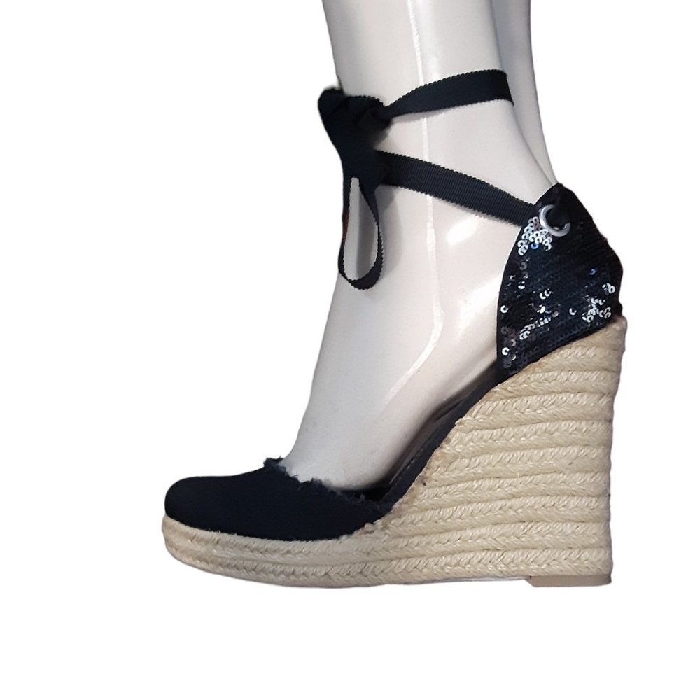 Guess black sequined high wedge heel espadrille with ankle wrap strap